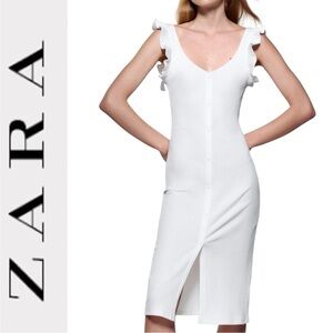 012 Zara | EUC Turkey White Ribbed Midi Dress with Buttons (Size S)